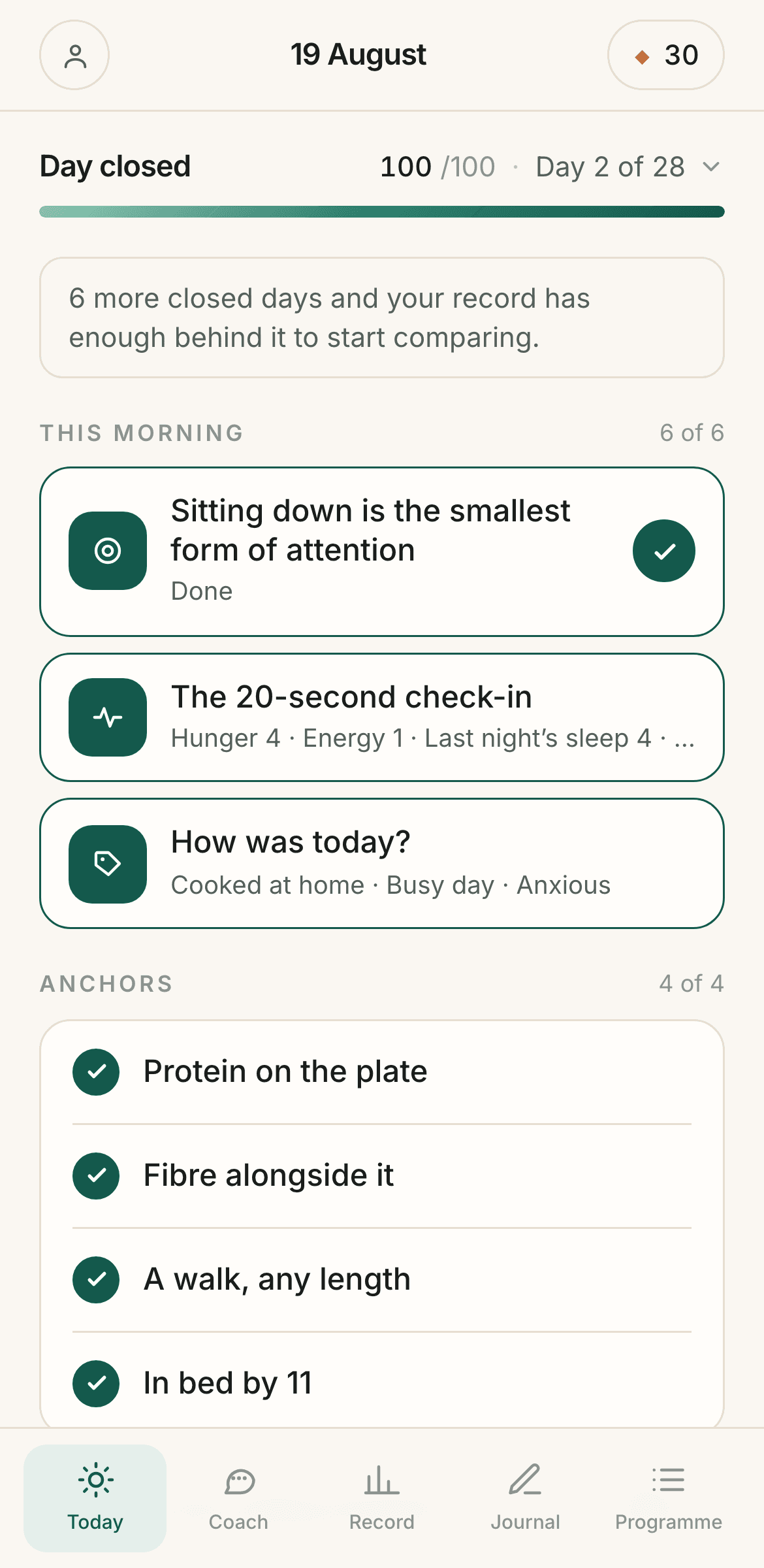 The NerveDays member home: score ring, today's action, and daily anchors